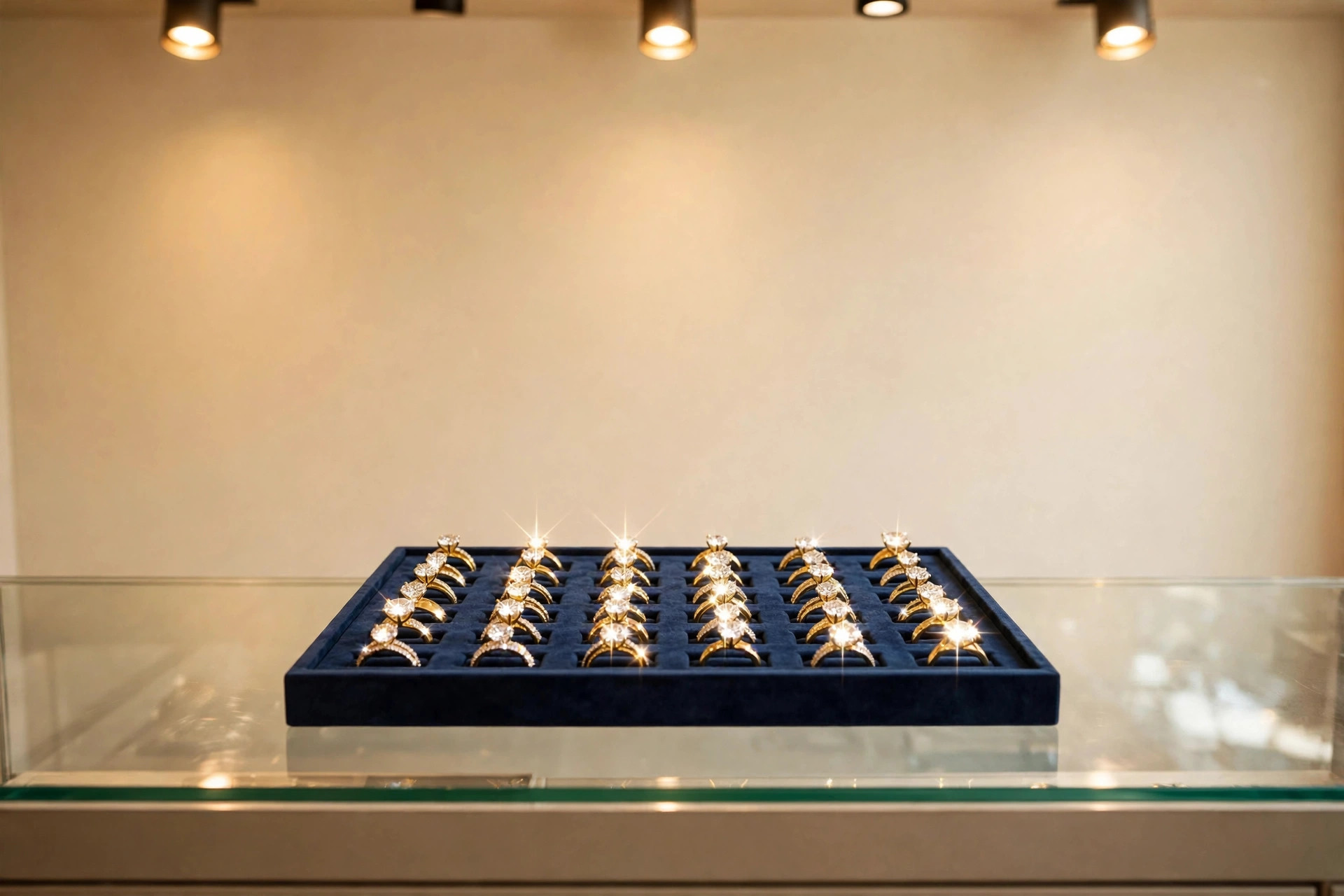 Gleaming, stunning new rings with sparkling stones on a velvet ring pad